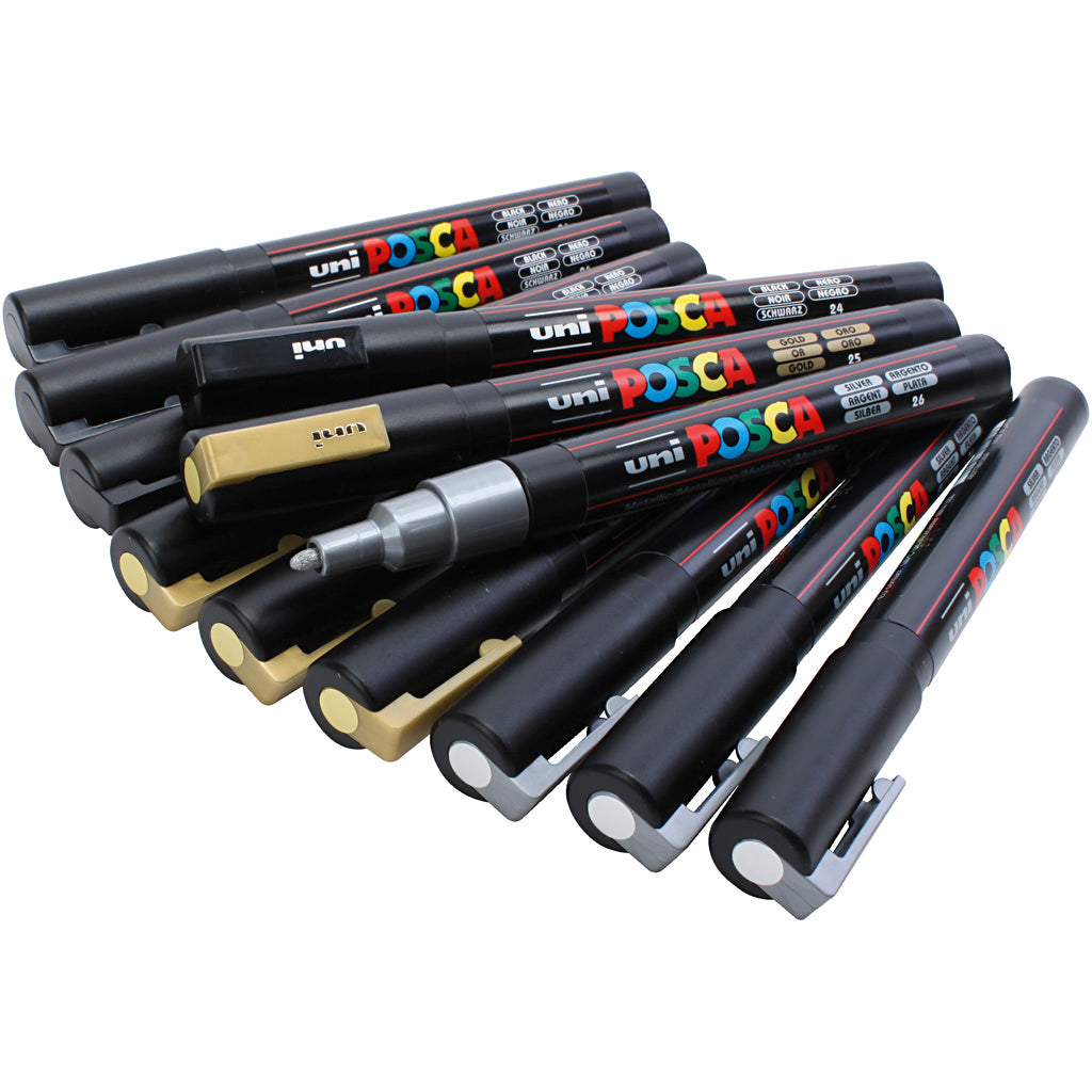 Posca Marker, black, gold, silver, no. PC-3M, line 0,9-1,3 mm, 12 asstd.