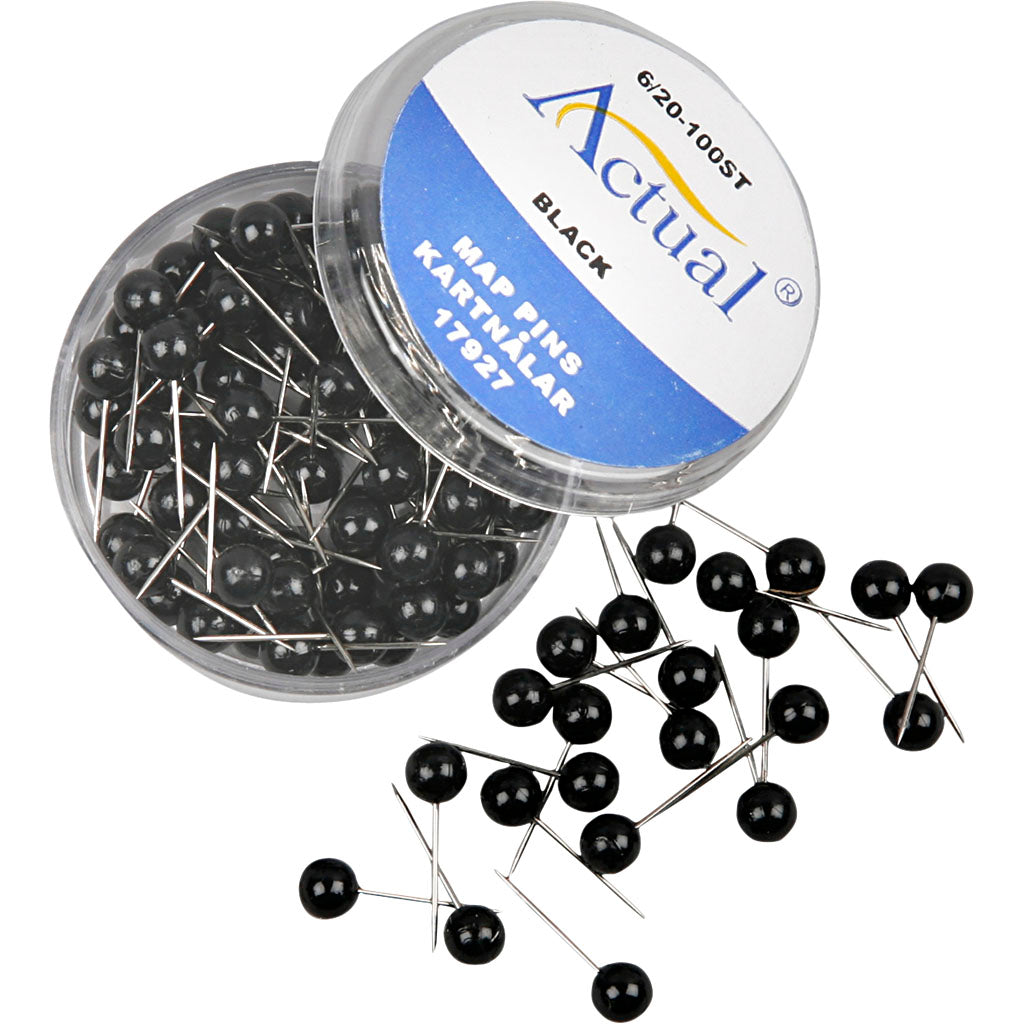 Map Pins, L: 17 mm, dia. 6 mm, black, 100 pc