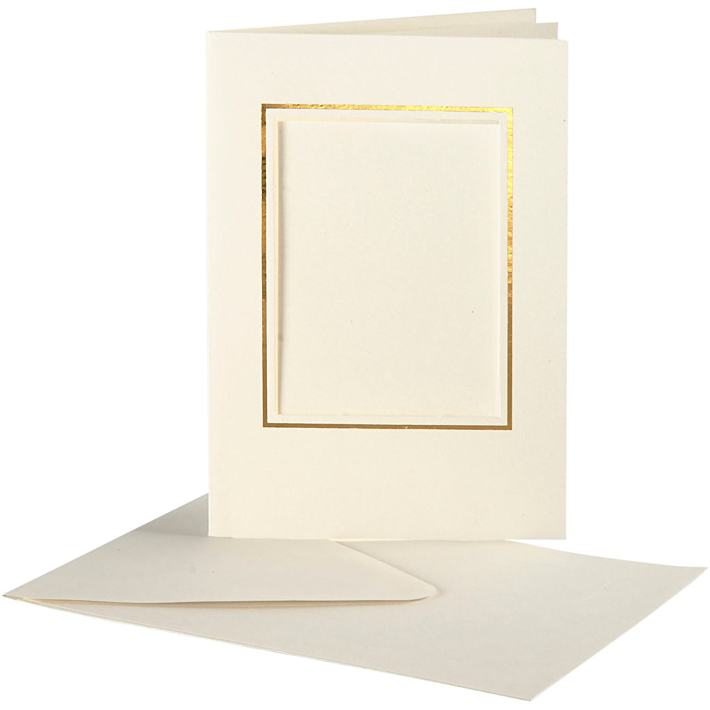 Passepartout Card, rectangular with gold border, card size 10,5x15 cm, envelope size 11,5x16,5 cm, off-white, 10 set