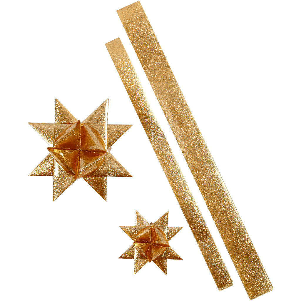 Star Strips, L: 86+100 cm, W: 25+40 mm, dia. 11,5+18,5 cm, gold glitter, 16 strips