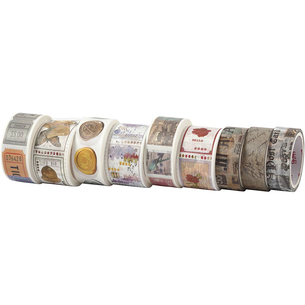 Washi Tape, L: 3+5 M, W: 15+25 mm, 9 roll