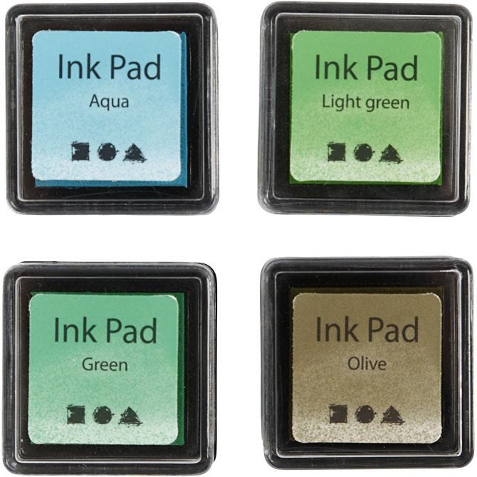 Ink Pad, H: 2 cm, size 3,5x3,5 cm, green, light green, olive, aqua, 4 pc