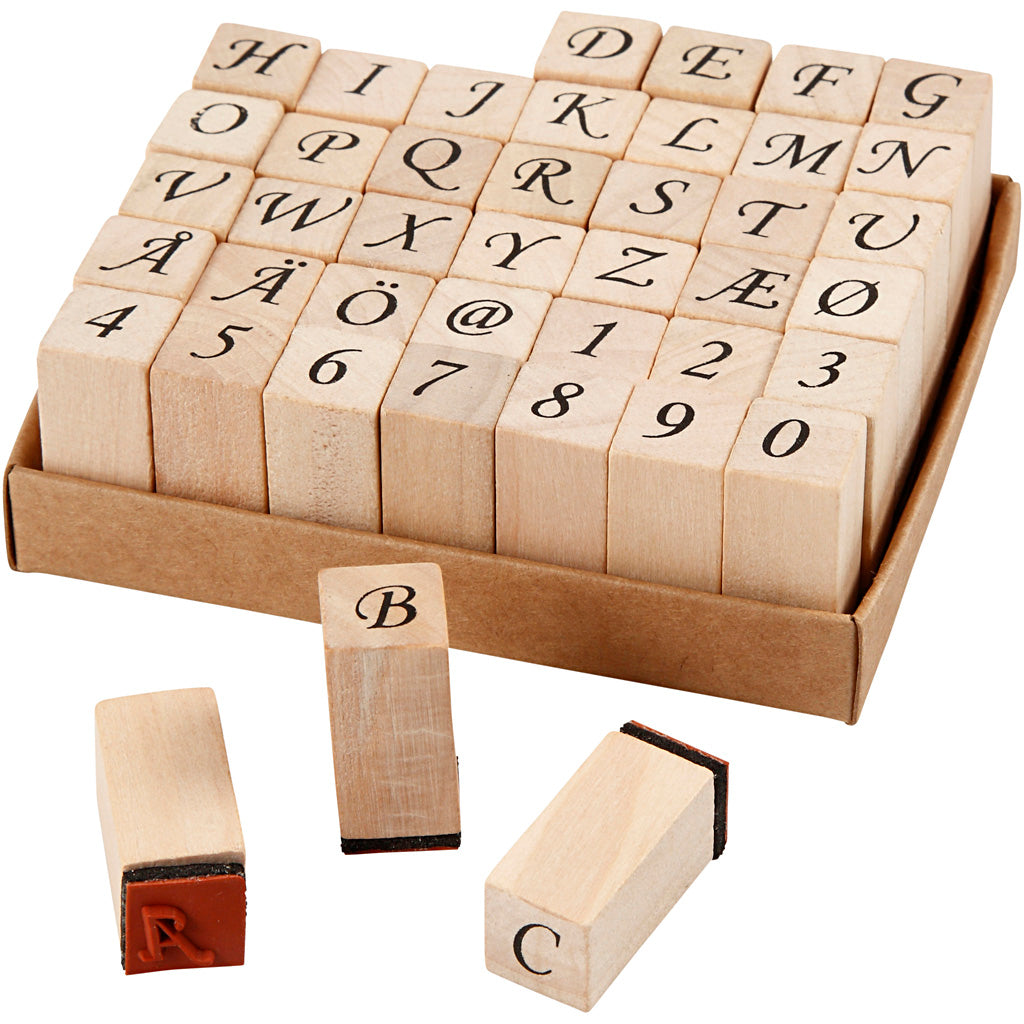 Wooden Stamps Set, size 13x13 mm, ca. 8 mm, 42 asstd./ 1 set