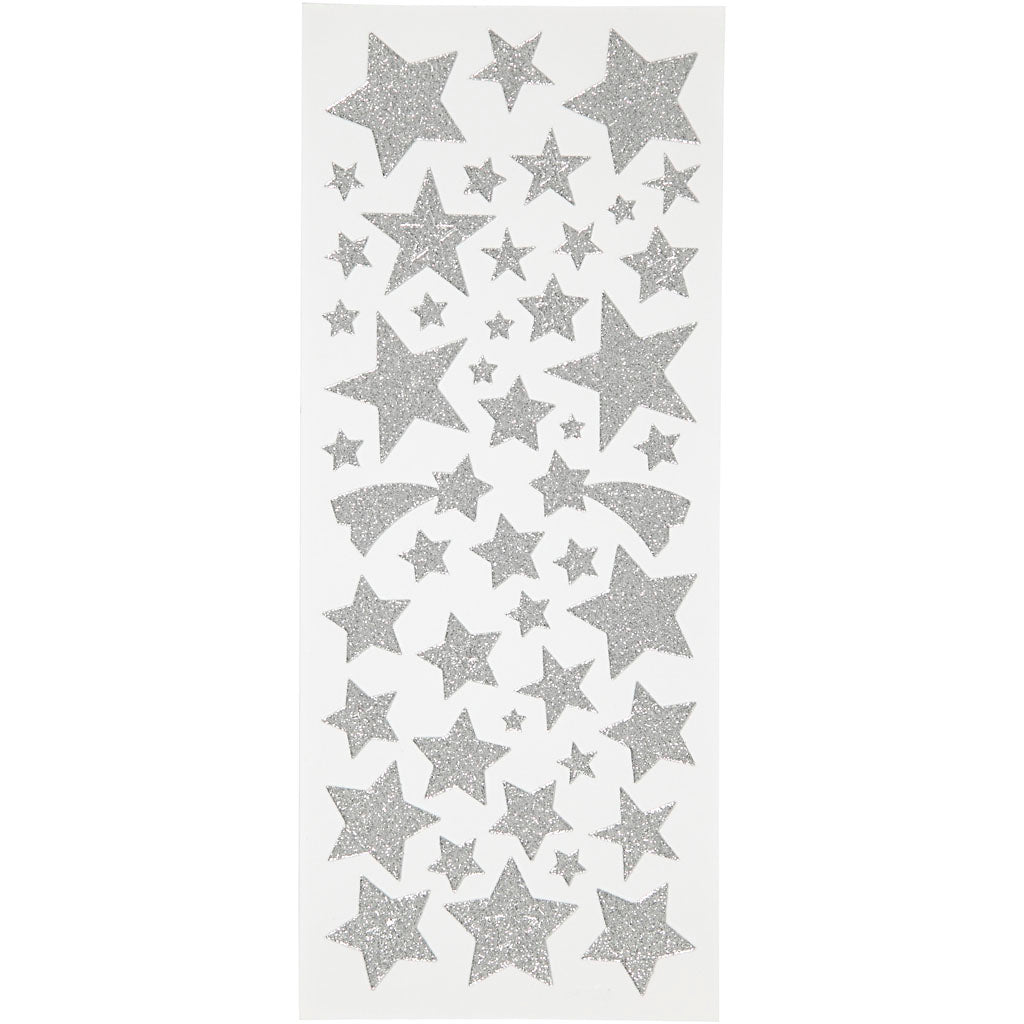 Glitter Stickers, stars, sheet 10x24 cm, ca. 110 pc, silver, 2 sheet