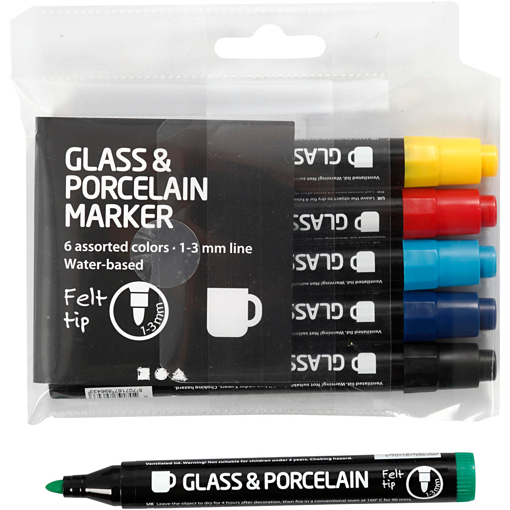 Glass and Porcelain Markers, line 1-3 mm, semi opaque, 6 pc