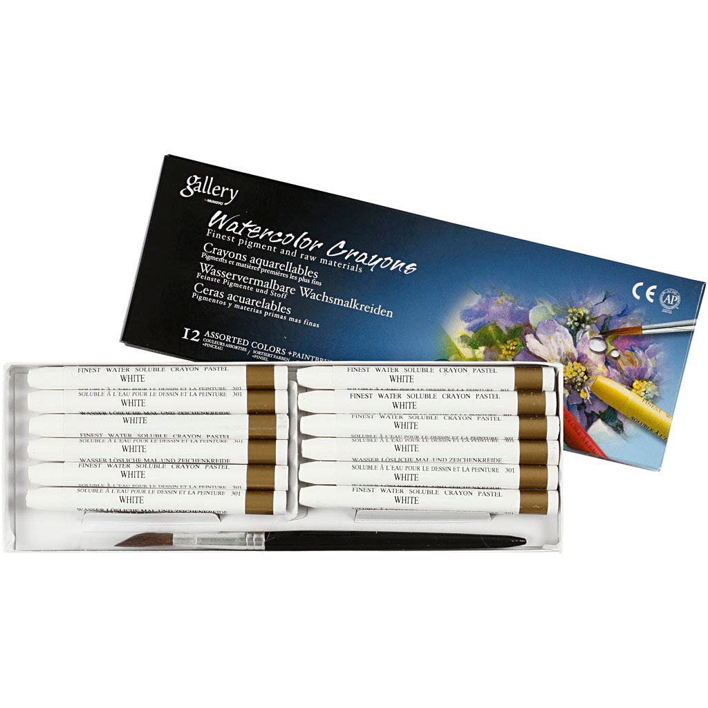 Watercolor Crayons, L: 9,3 cm, thickness 8 mm, white (301), 12 pc
