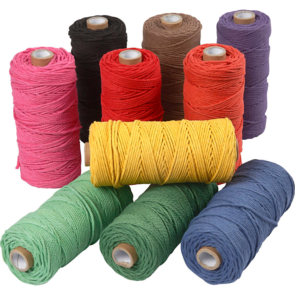 Macramé cord, L: 100 M, thickness 2 mm, Thick quality 12/36, bold colours, 10x225 g