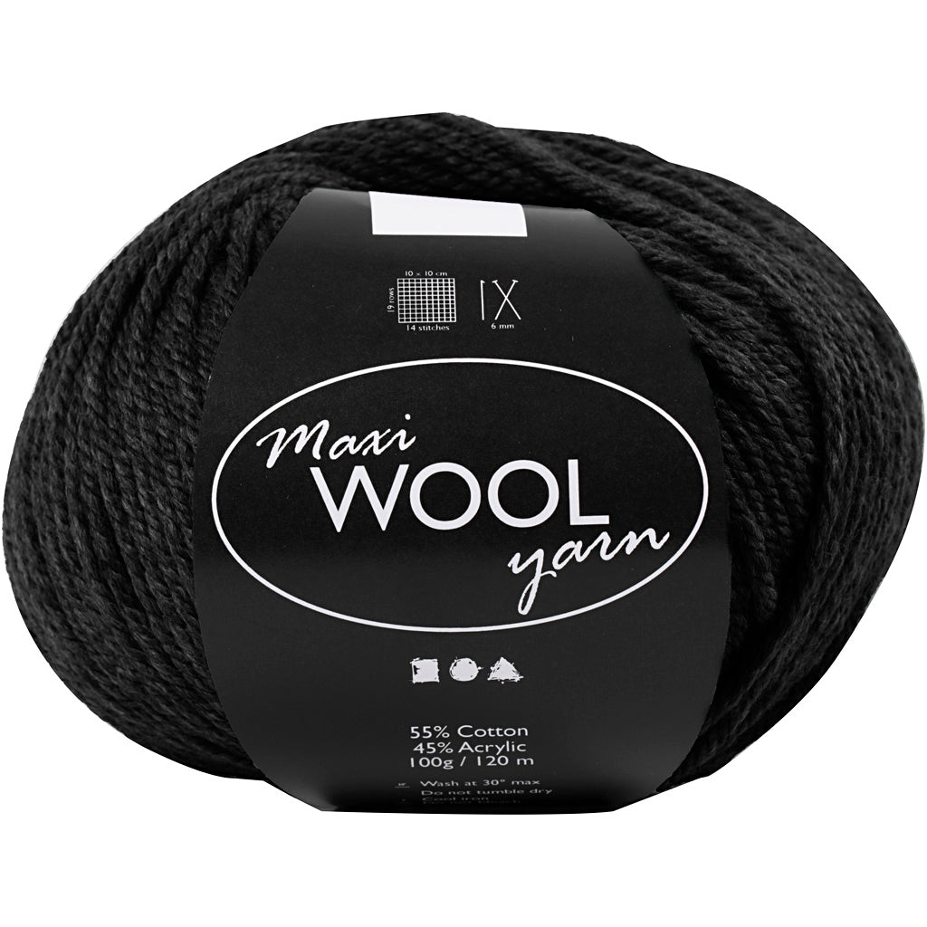 Wool Yarn, L: 125 M, black, 100 g/ 1 ball