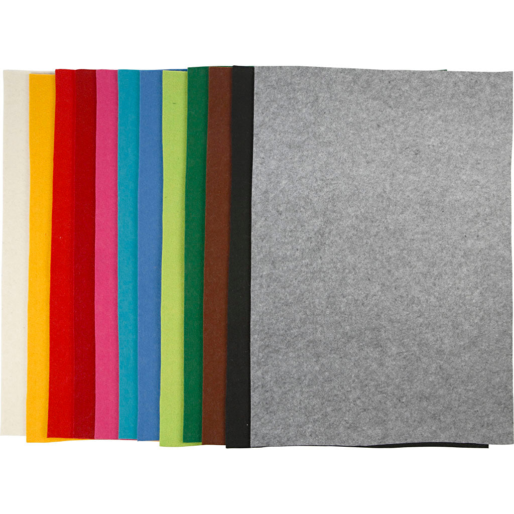 Craft Felt, sheet 42x60 cm, thickness 3 mm, assorted colours, 12 ass sheets