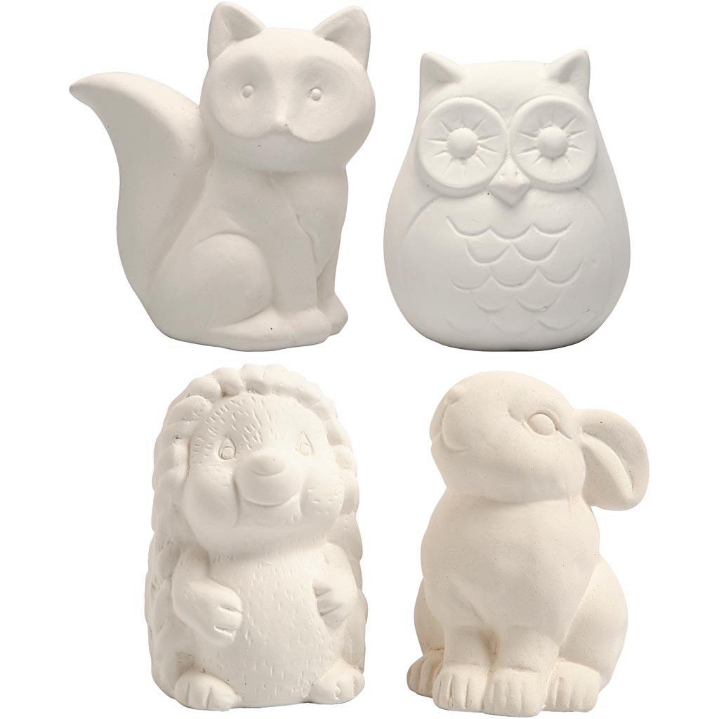 Money Box, owl, fox, hedgehog, hare, H: 9-10 cm, white, 4 pc