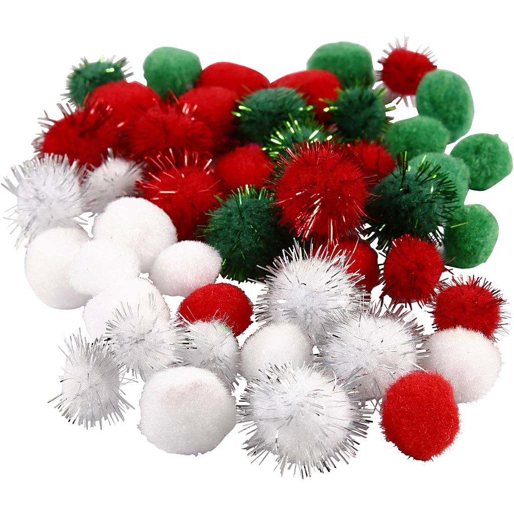 Pom poms, dia. 15+20 mm, green, red, white, 48 asstd.