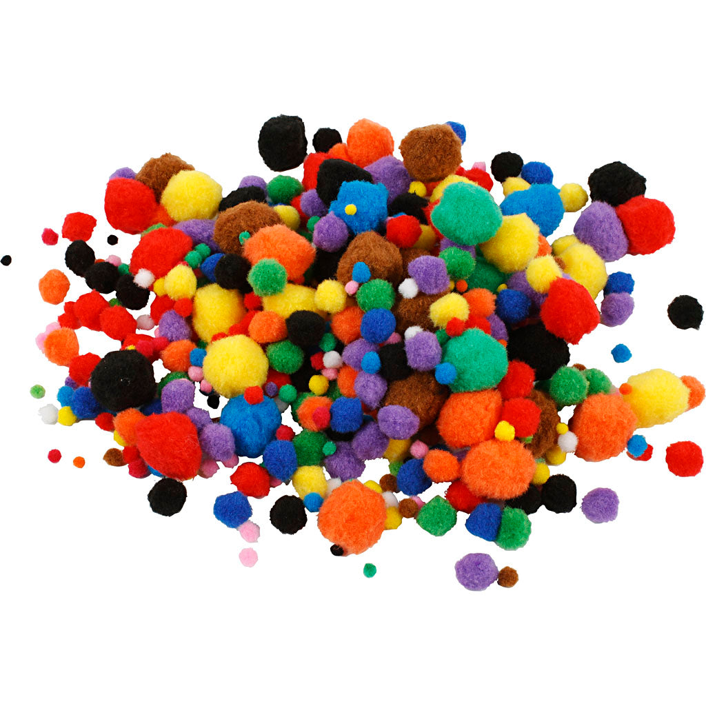 Pom poms, dia. 5-40 mm, ca. 150 pc, assorted colours, 42 g