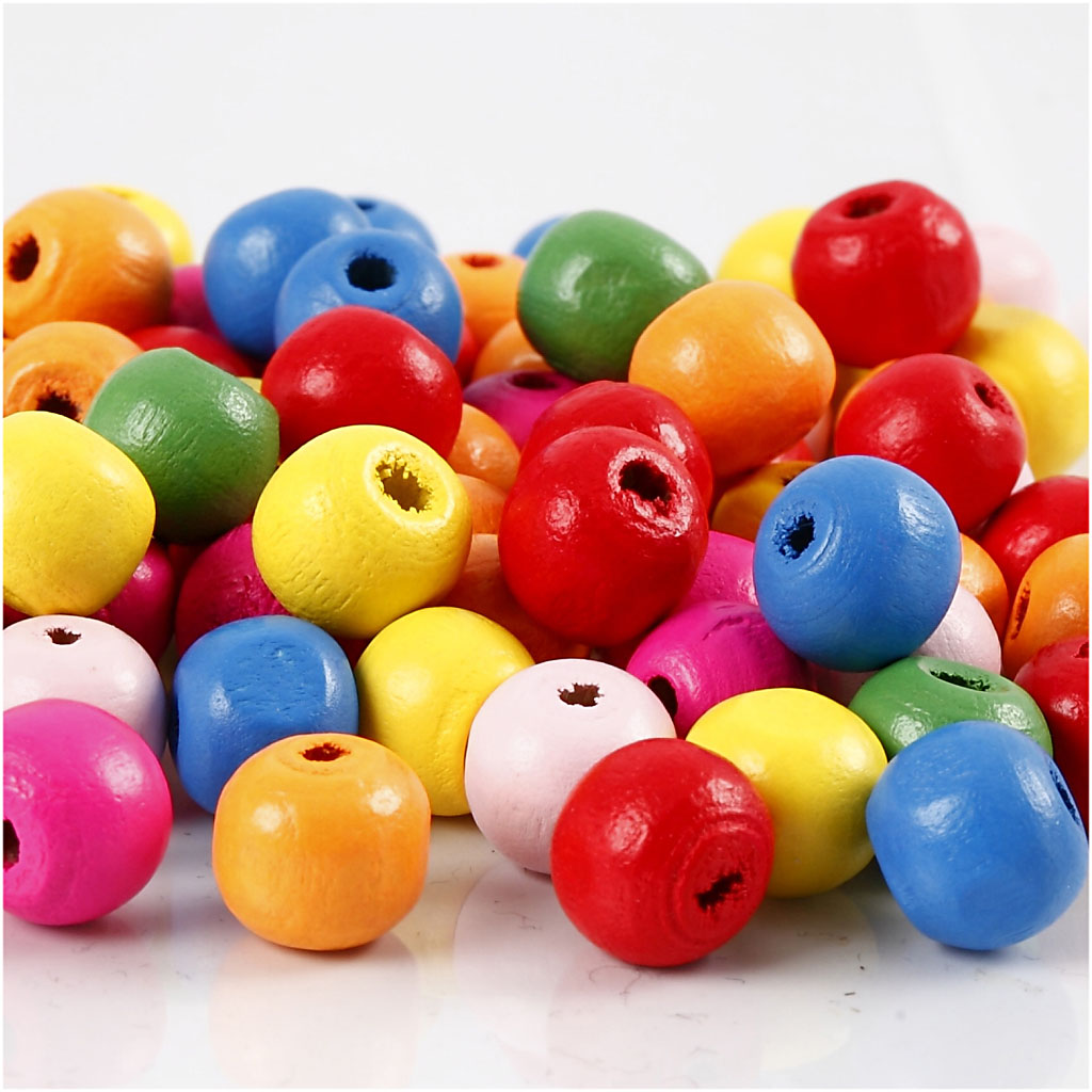 Wooden Beads, dia. 10 mm, hole size 2,5-3 mm, ca. 1500 pc, assorted colours, 500 g/ 1 bag