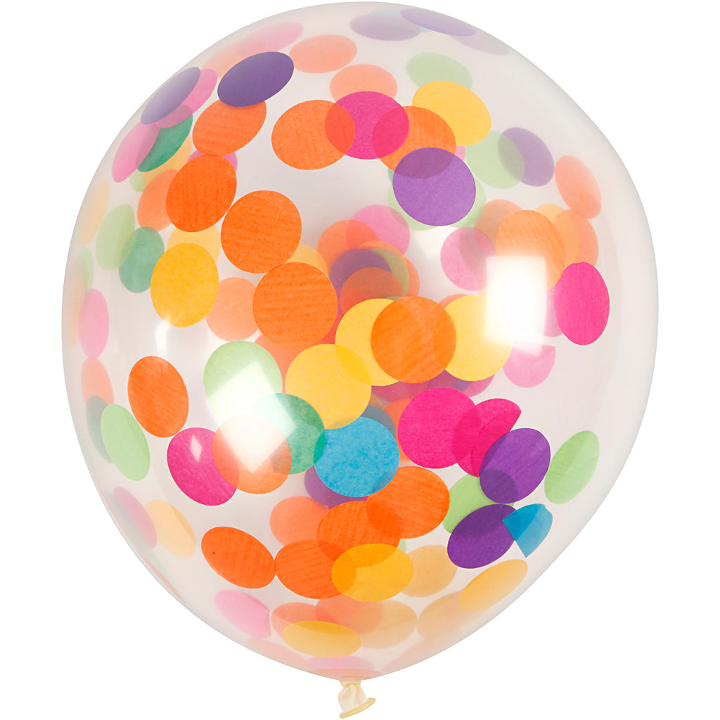 Balloons with Confetti, round, dia. 23 cm, transparent, 4 pc