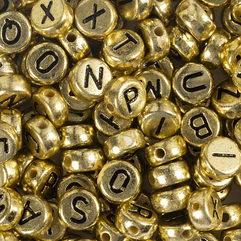 Letter Beads, dia. 7 mm, hole size 1,2 mm, ca. 200 pc, gold, 21 g