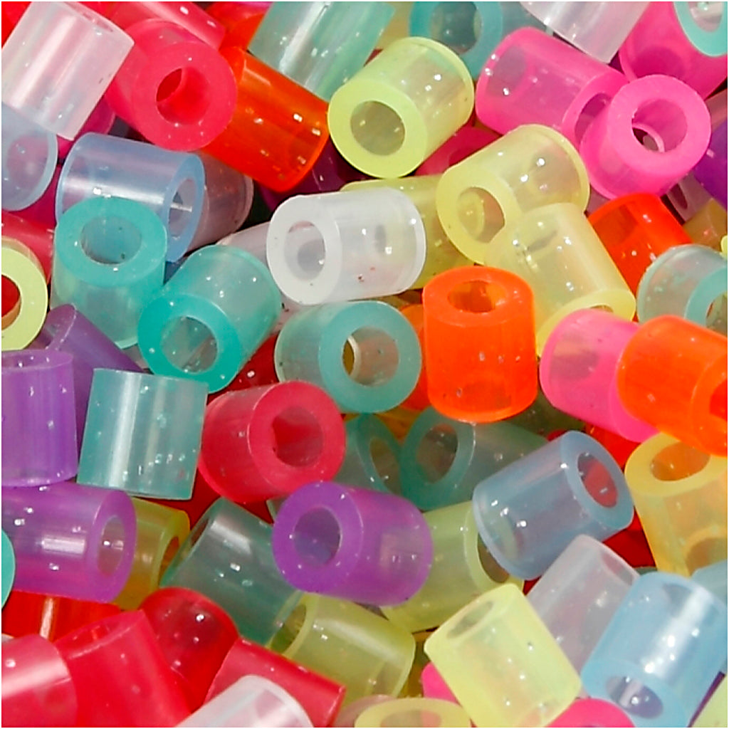 Fuse Beads, size 5x5 mm, hole size 2,5 mm, medium, glitter colours, 1100 asstd.
