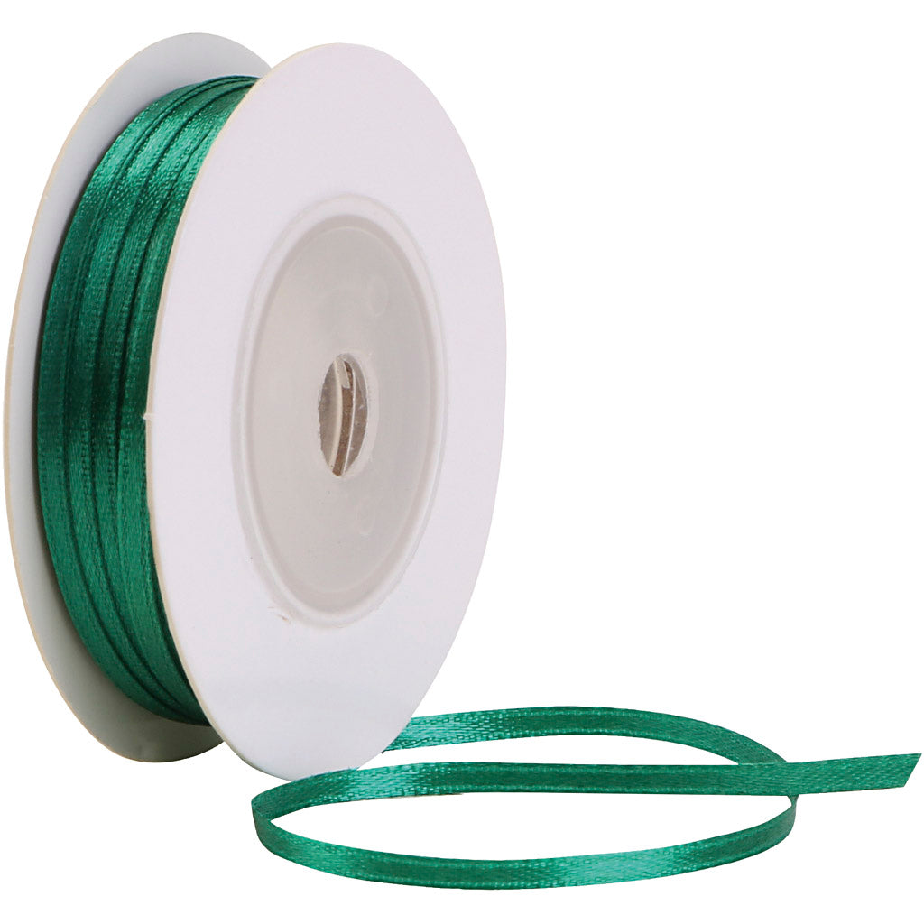 Satin Ribbon, W: 3 mm, dark green, 30 m/ 1 roll