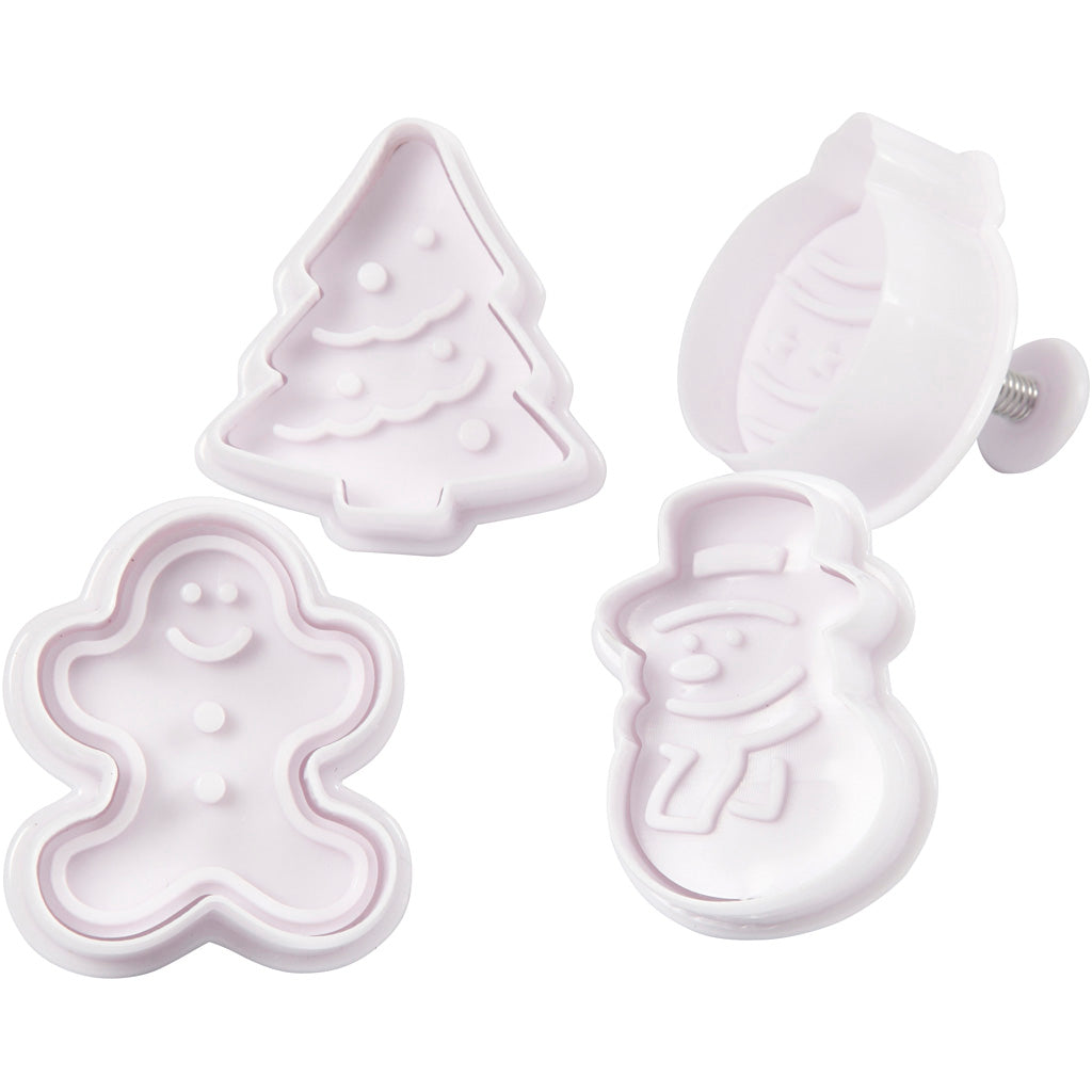 Embossing Cookie Cutters, Christmas tree, snowman, gingerbread man, Christmas bauble, H: 5 cm, white, 4 pc