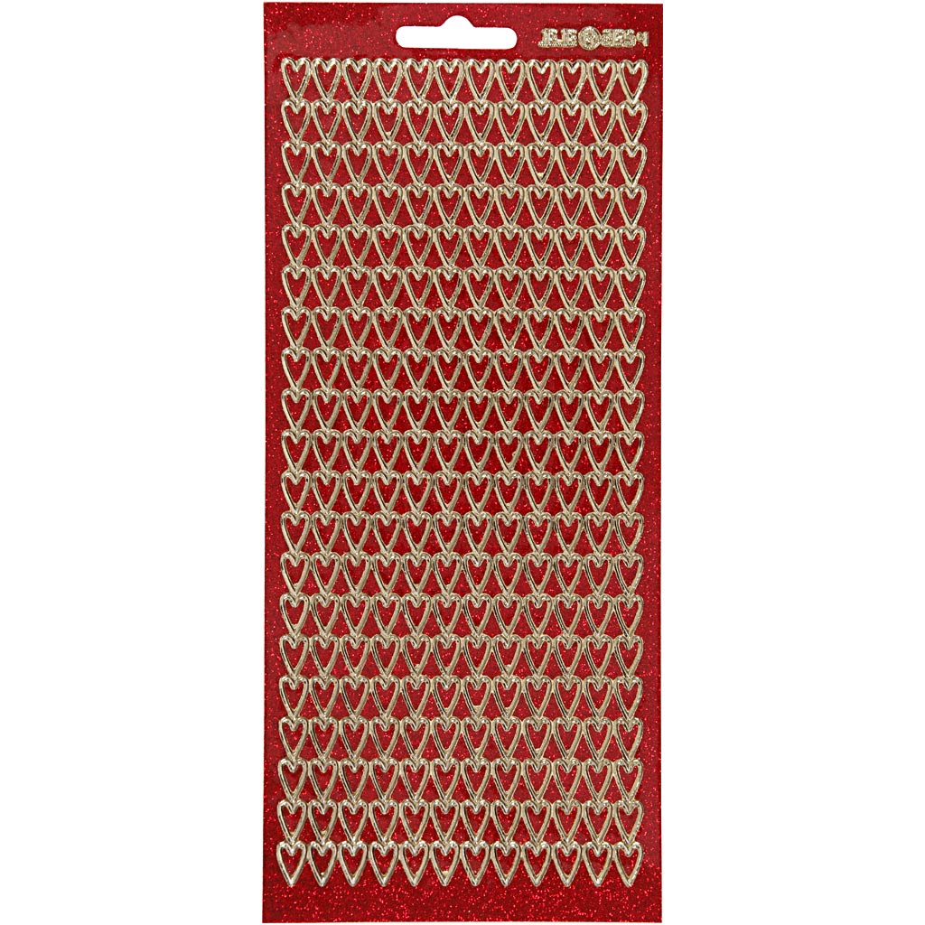 Stickers, hearts, sheet 10x23 cm, gold, red glitter, 1 sheet