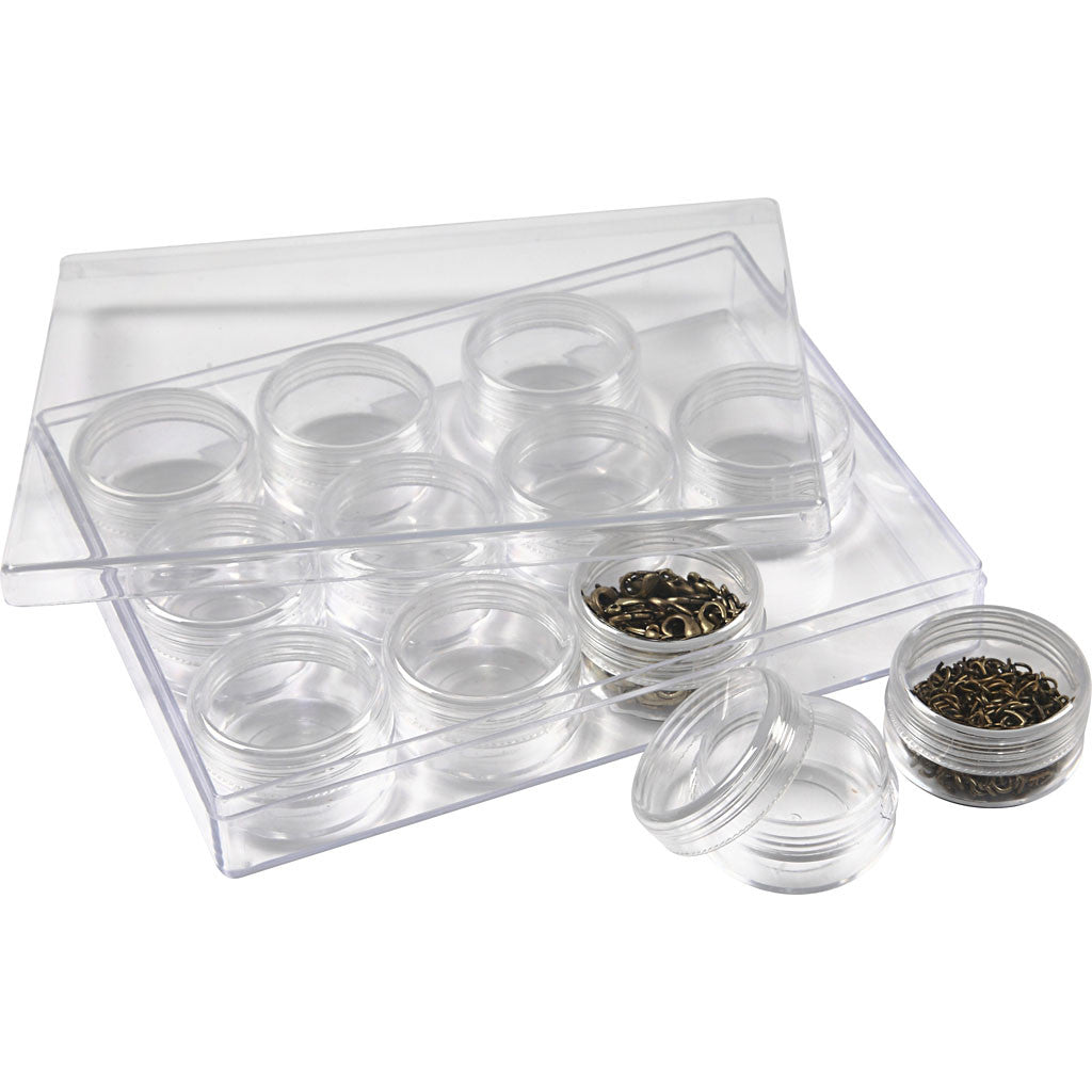 Opslagdoos met potjes, H: 20 mm, d 35 mm, 10 ml, 12 stuk/ 1 set [HOB-13187]