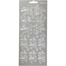 Stickers, ooievaar met baby, vel 10x23 cm, zilver, 1 vel [HOB-170014]