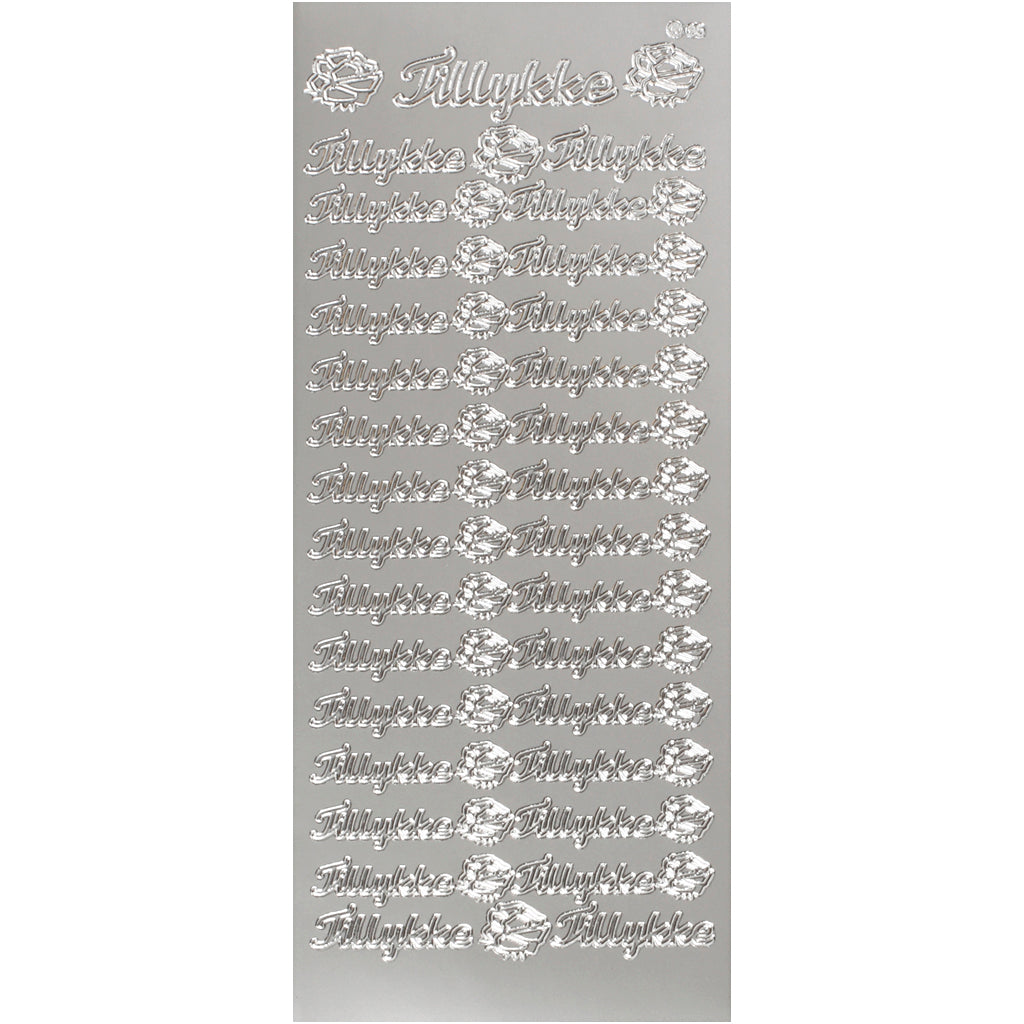 Stickers, tillykke, vel 10x23 cm, zilver, 1 vel [HOB-170272]