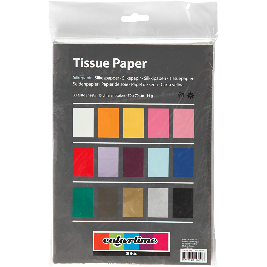 Tissuepapier, vel 50x70 cm,  14 gr, diverse kleuren, 30vellen [HOB20092]