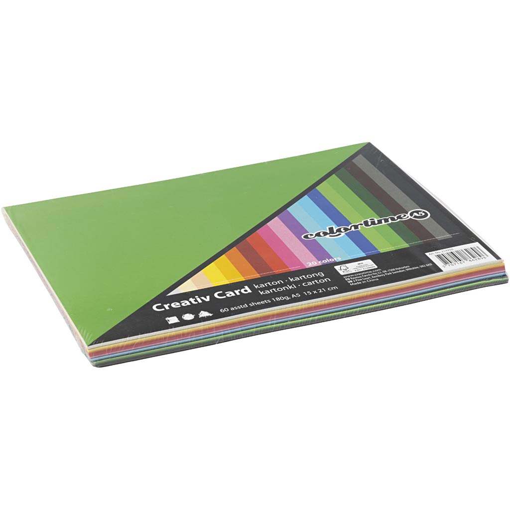 Gekleurd karton, A5 148x210 mm,  180 gr, diverse kleuren, 60div vellen [HOB214250]