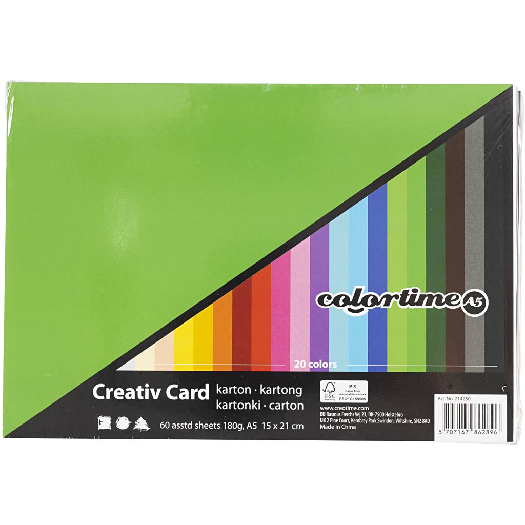 Gekleurd karton, A5 148x210 mm,  180 gr, diverse kleuren, 60div vellen [HOB214250]