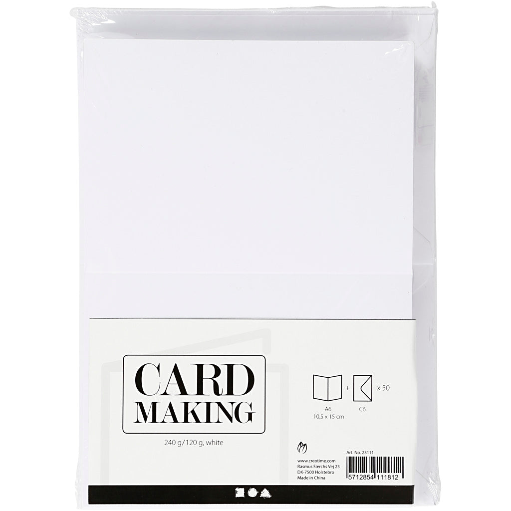 Kaarten en enveloppen, afmeting kaart 10,5x15 cm, afmeting envelop 11,5x16,5 cm, wit, 50sets [HOB23111]
