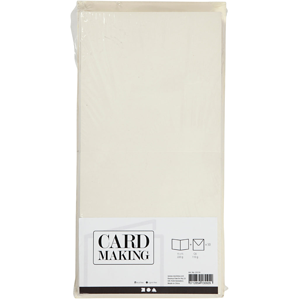Kaarten en enveloppen, afmeting kaart 15x15 cm, afmeting envelop 16x16 cm, off-white, 50sets [HOB23119]