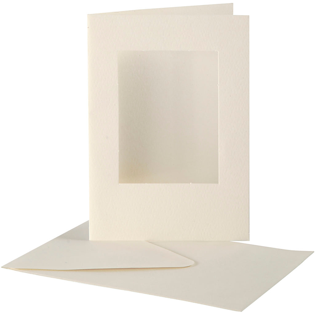 Passepartout Kaarten, afmeting kaart 10,5x15 cm, afmeting envelop 11,5x16,5 cm, off-white, rechthoek, 10sets, gatgrootte 6,5x8,8 [HOB23720]