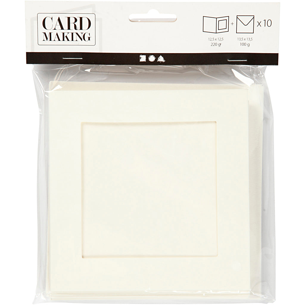 Passepartout Kaarten, afmeting kaart 12,5x12,5 cm, afmeting envelop 13,5x13,5 cm, off-white, vierkant, 10sets, gatgrootte 8,5x8,5 cm [HOB23740]
