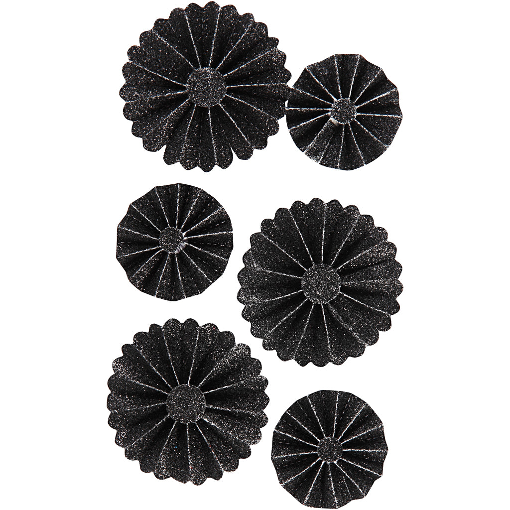 Paper Rosettes, dia. 35+50 mm, black glitter, 6 pc