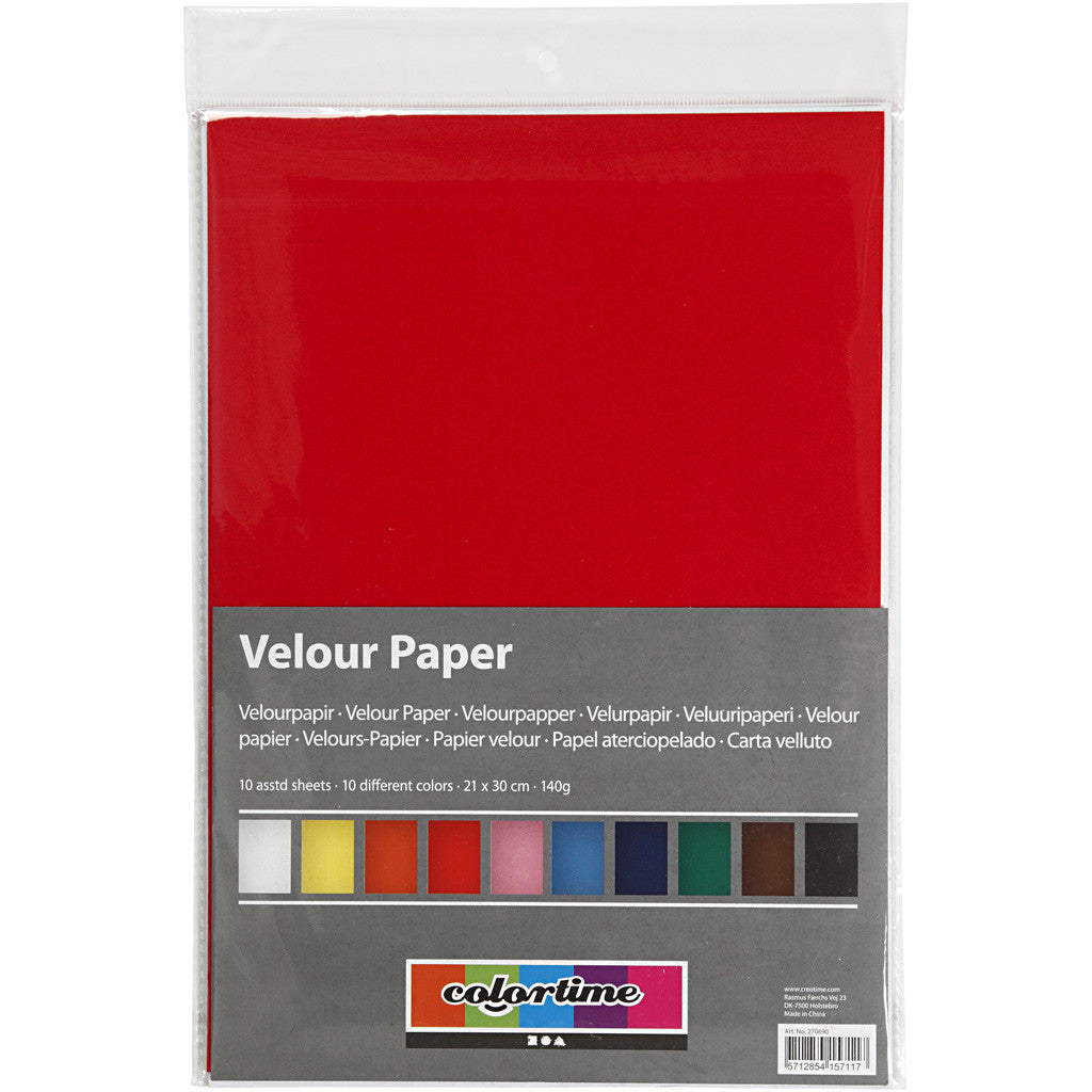 Velour papier, A4, vel 210x297 mm, 140 gr, diverse kleuren, 10 vel/ 1 doos [HOB-270690]