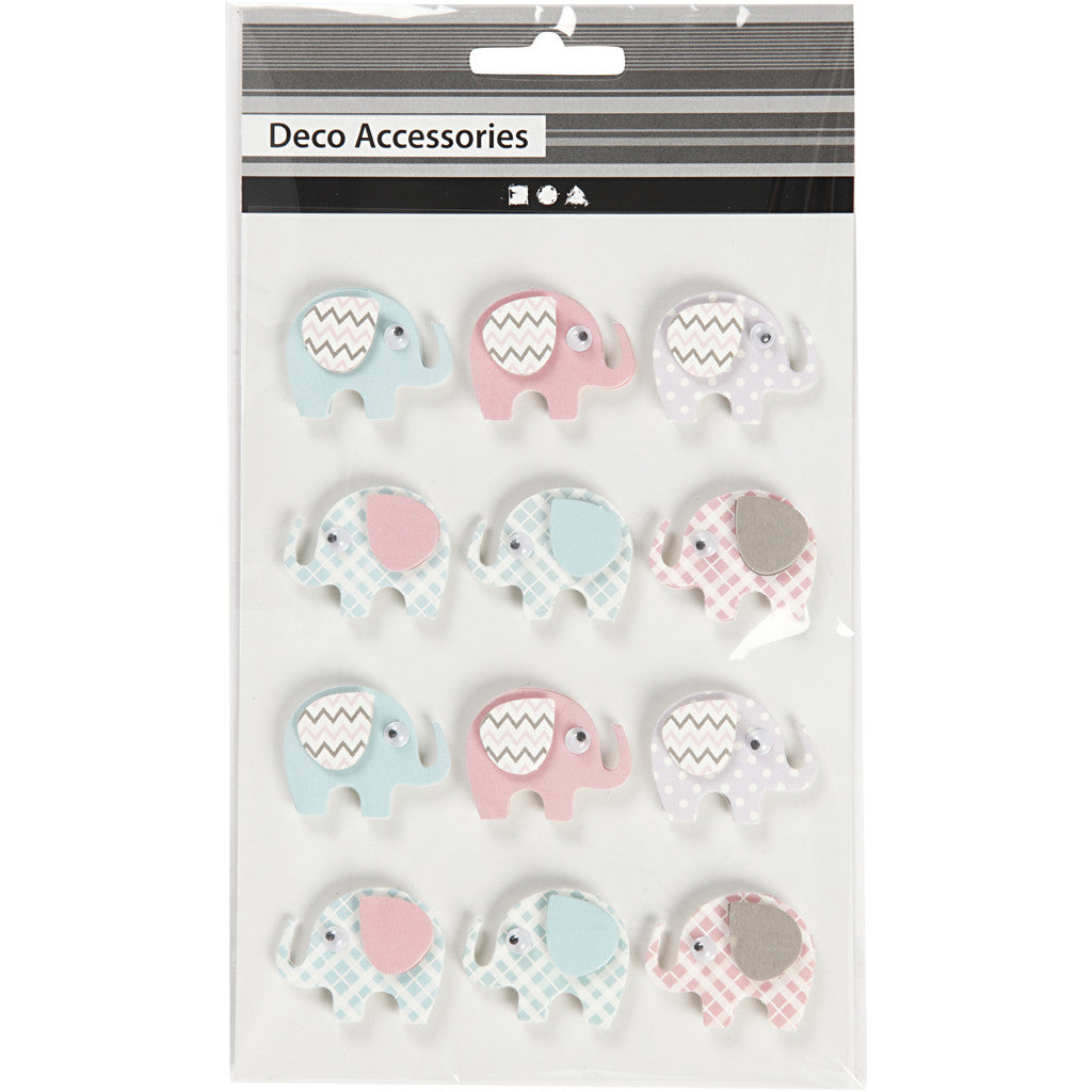 3D stickers, olifanten, H: 25 mm, B: 31 mm, dikte 7 mm, 12 stuk/ 1 doos [HOB-27096]