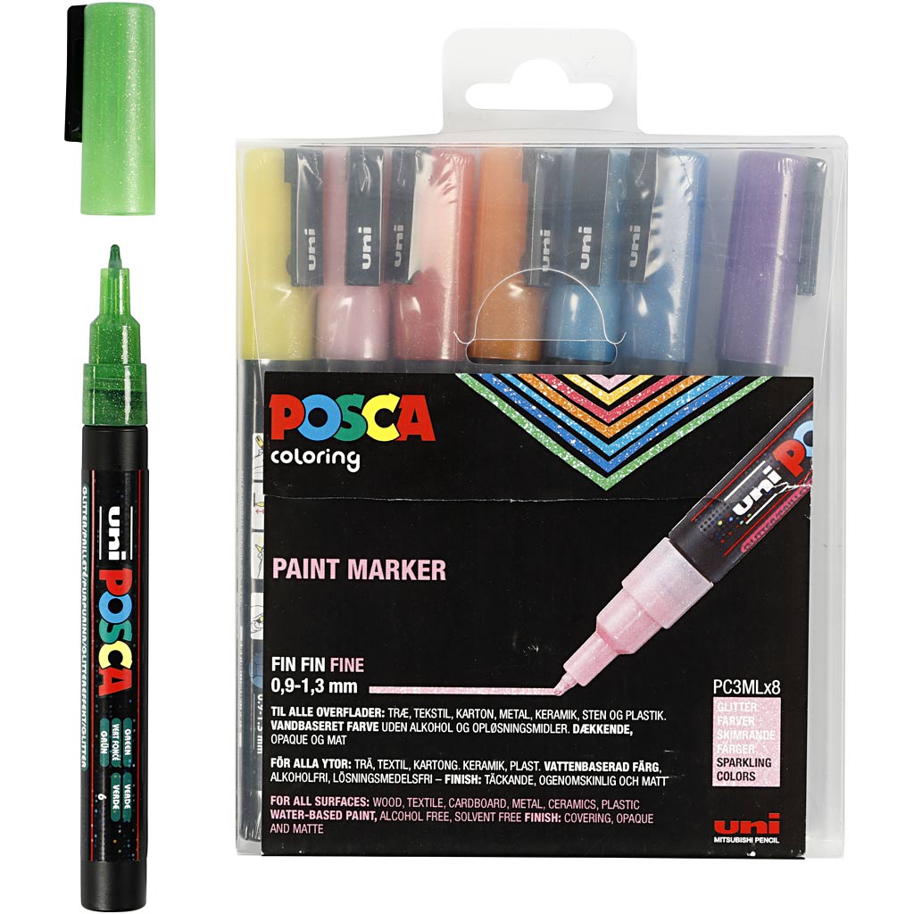 Posca Marker, afm PC-3ML, lijndikte 0,9-1,3 mm, glitterkleuren, 8 stuk/ 1 doos [HOB-274899]