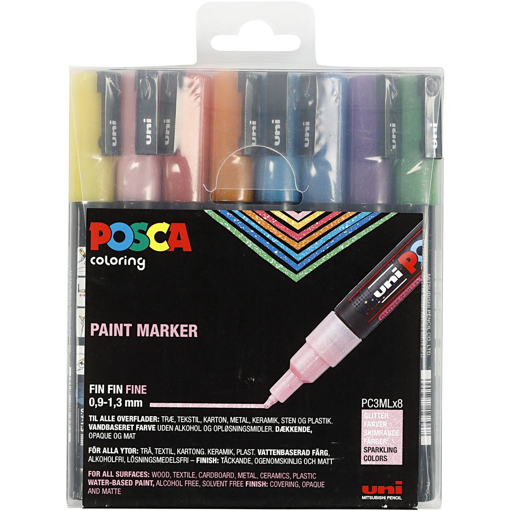 Posca Marker, afm PC-3ML, lijndikte 0,9-1,3 mm, glitterkleuren, 8 stuk/ 1 doos [HOB-274899]