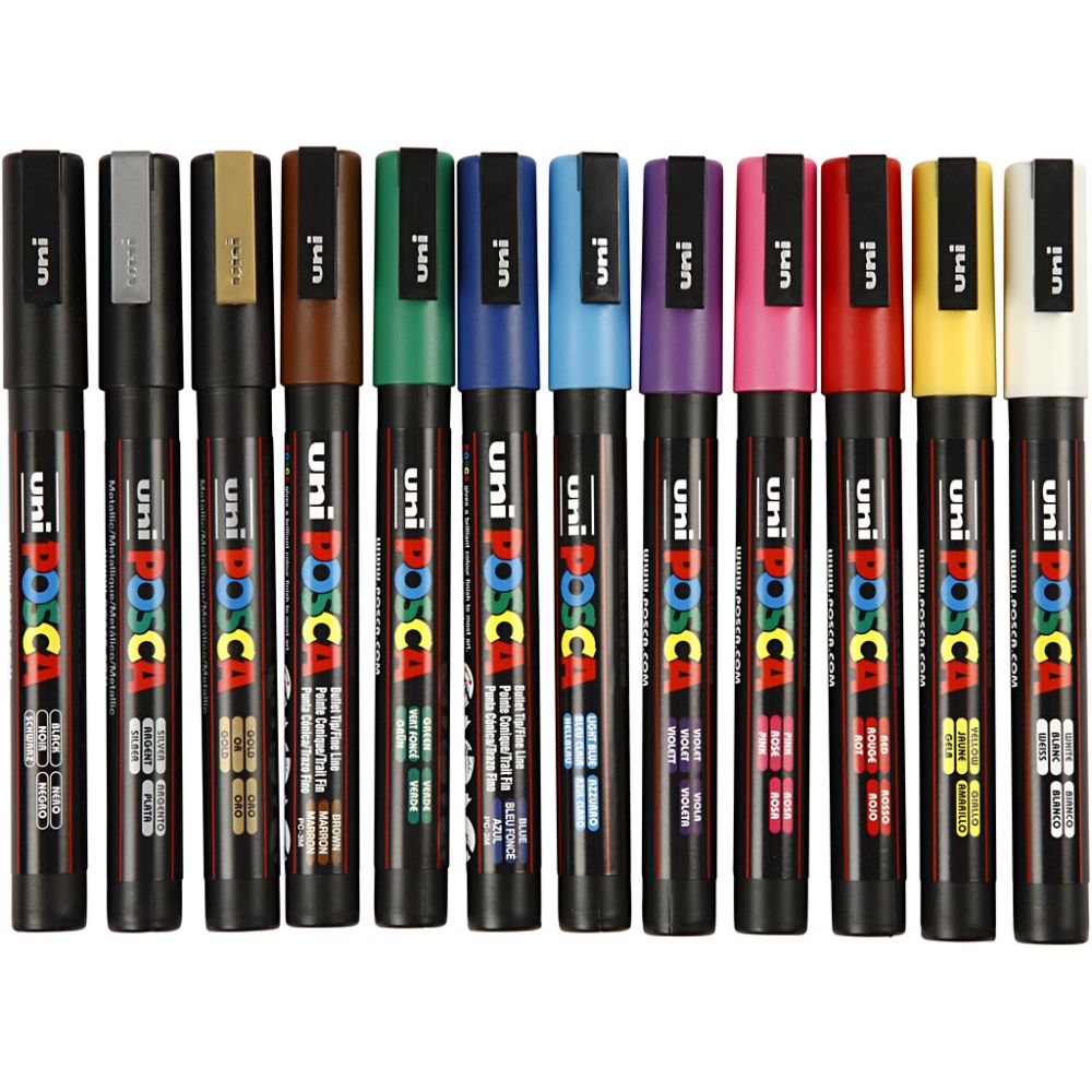 Posca Marker, afm PC-3M, lijndikte 0,9-1,3 mm, fijn, diverse kleuren, 12 stuk/ 1 doos [HOB-274900]