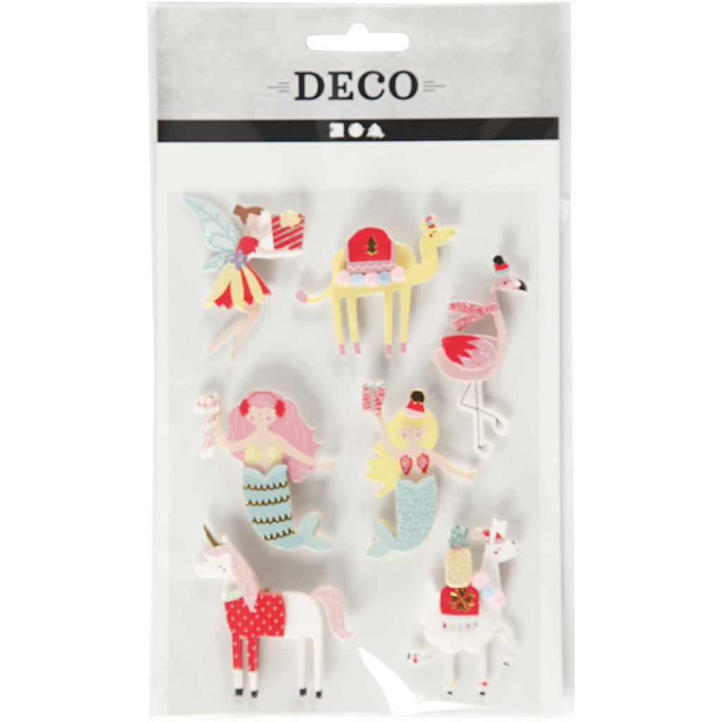 3D stickers, flamingo, lama zeemeermin, H: 50-60 mm, B: 30-45 mm, dikte 7 mm, 7 stuk/ 1 doos [HOB-27695]