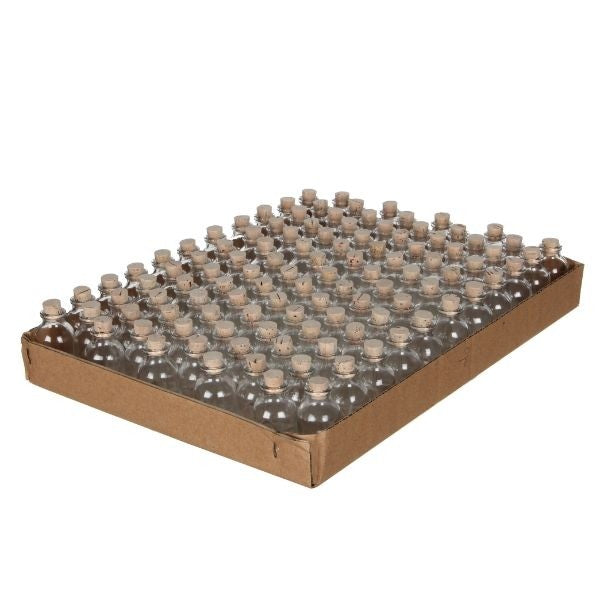 Glazen flesje Mini met kurk 20ml 6cm hoog Ø 3 cm (tray met 105 stuks) [IFS-28075]