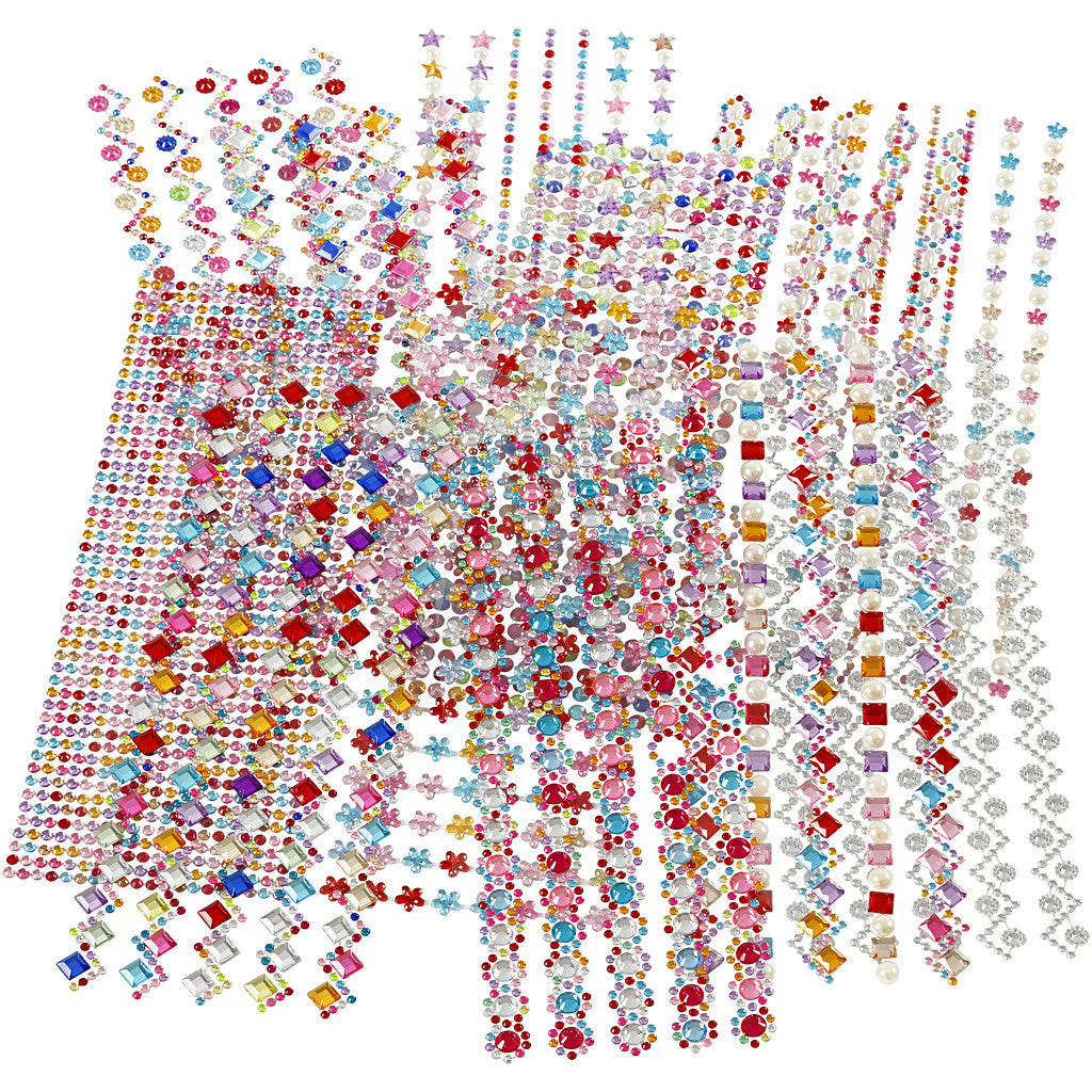 Strasstenen, d 2-10 mm, vel 27x9 cm, Inhoud kan variëren , 12 div vellen/ 1 doos [HOB-28402]