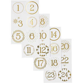 Kerstkalender cijfer stickers, d 40 mm, vel 9x14 cm, goud, wit, 4 vel/ 1 doos [HOB-28457]