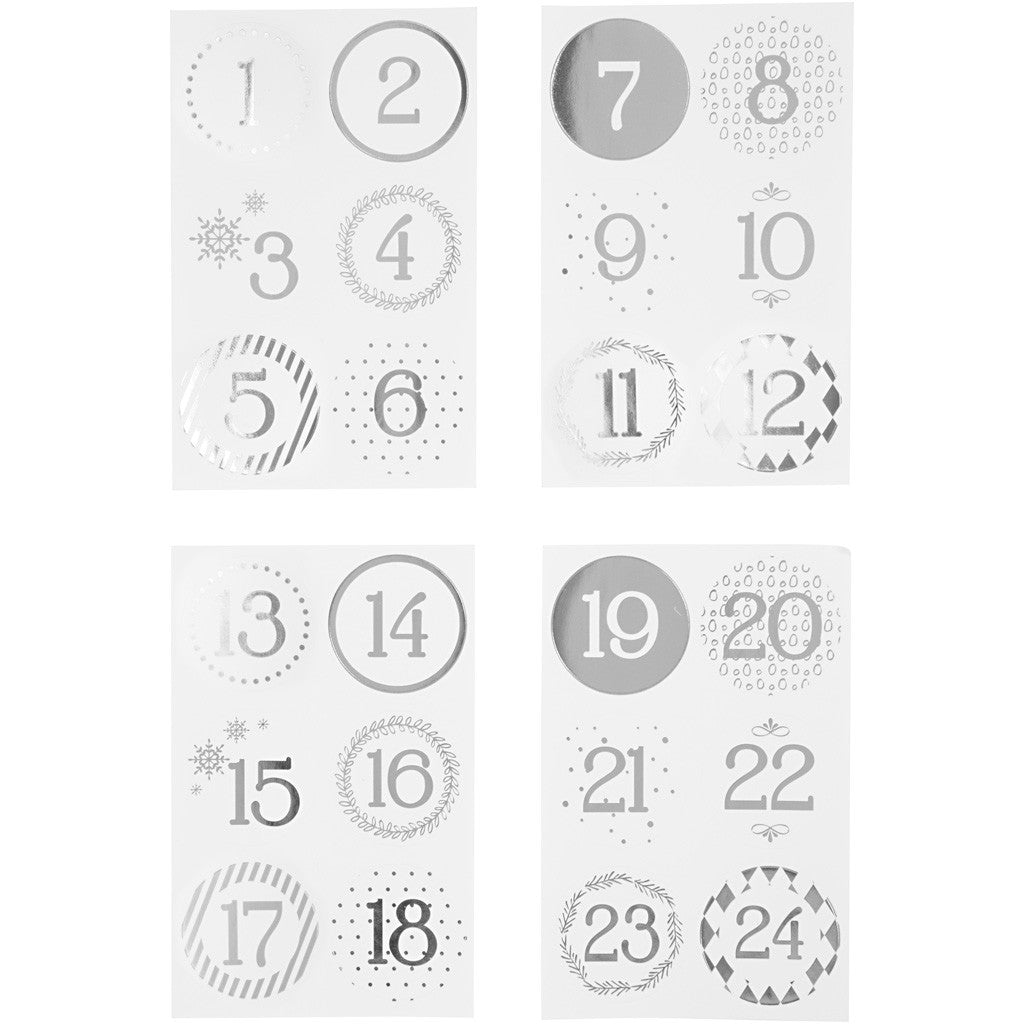 Kerstkalender cijfer stickers, d 40 mm, vel 9x14 cm, zilver, wit, 4 vel/ 1 doos [HOB-28458]