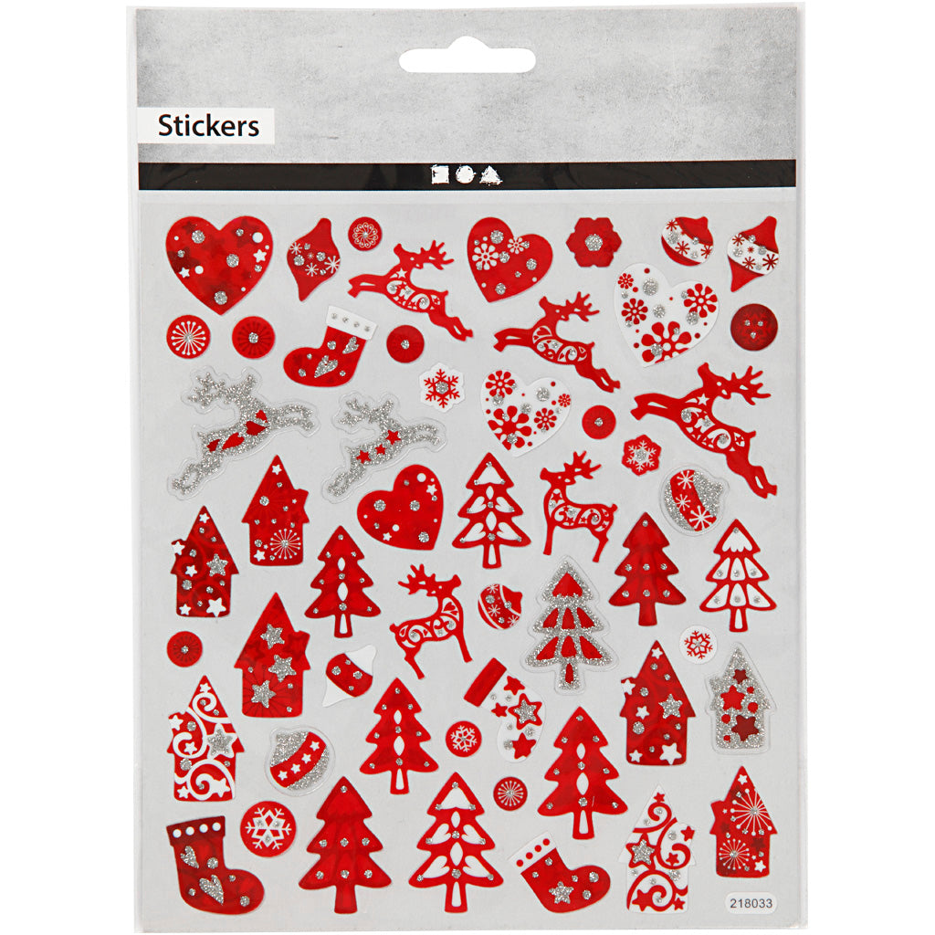 Stickers, rode en witte kerst, vel 15x16,5 cm, ca. 54 stuk, 1 vel [HOB-289591]