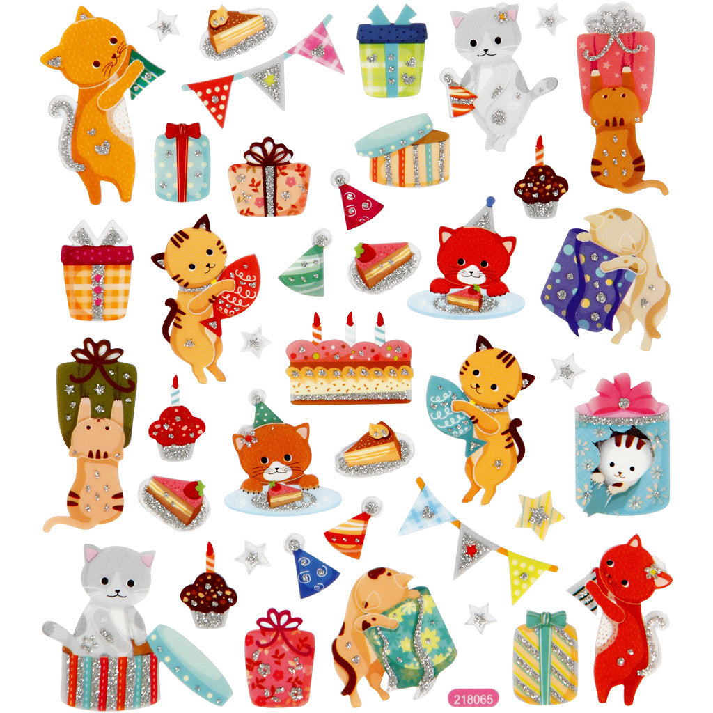 Stickers, verjaardags katten, vel 15x16,5 cm, ca. 38 stuk, 1 vel [HOB-29063]