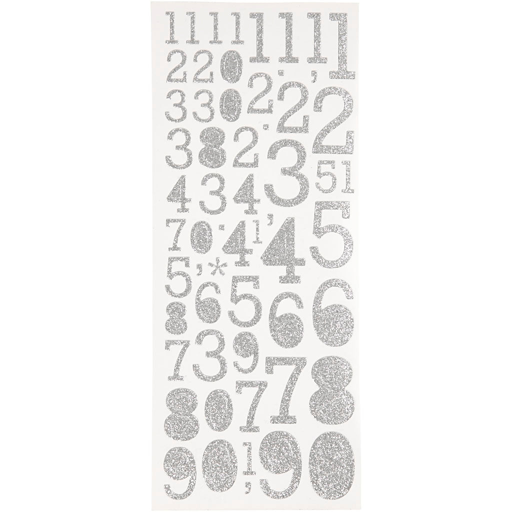 Glitter Stickers, numbers, sheet 10x24 cm, silver, 2 sheet