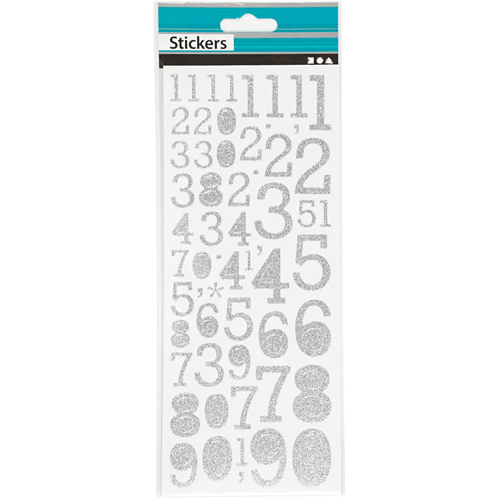 Glitterstickers, cijfers, vel 10x24 cm, zilver, 2 vel/ 1 doos [HOB-29109]