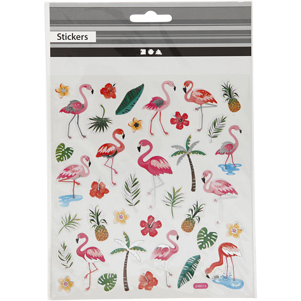 Stickers, flamingo, vel 15x16,5 cm, ca. 37 stuk, 1 vel [HOB-29138]