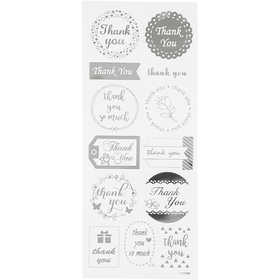 Stickers, thank you, vel 10x24 cm, ca. 13 stuk, zilver, 1 vel [HOB-29141]